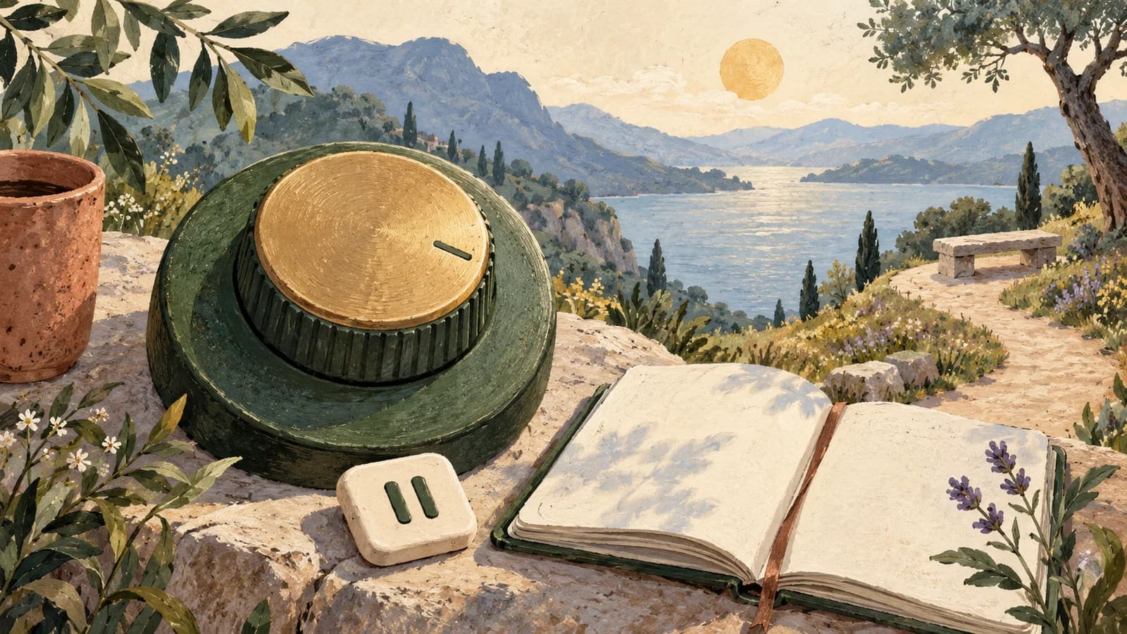 A listening dial sits beside a notebook and a pause marker