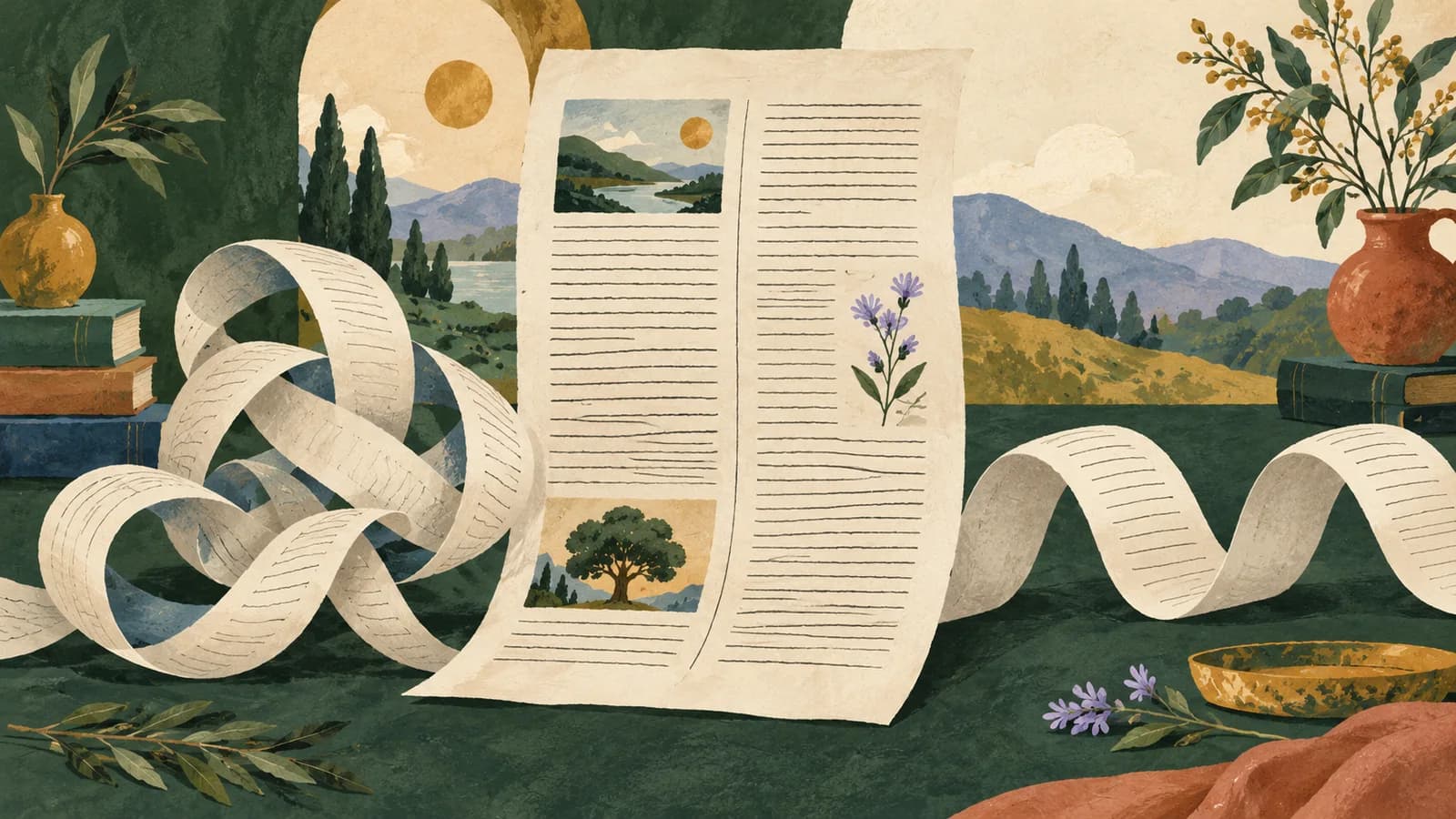 Two paper columns unwind into an orderly reading path