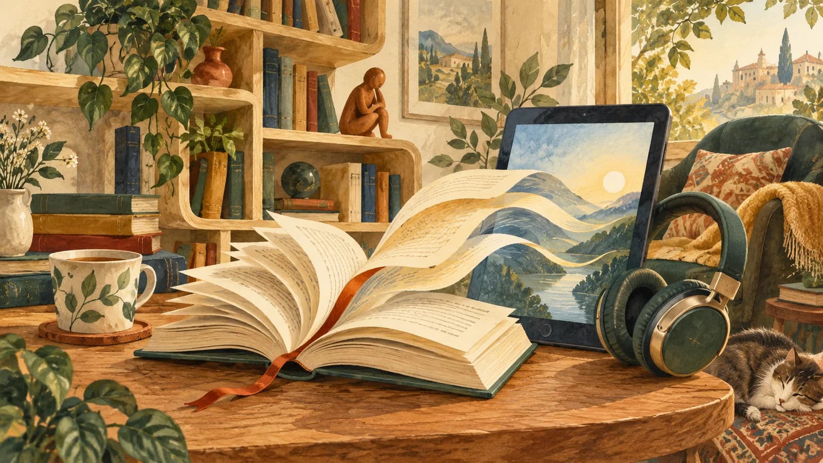 An open book, a tablet and headphones in a reading nook