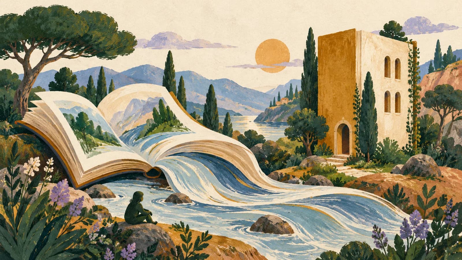 A flowing book and a fixed paper page sit side by side
