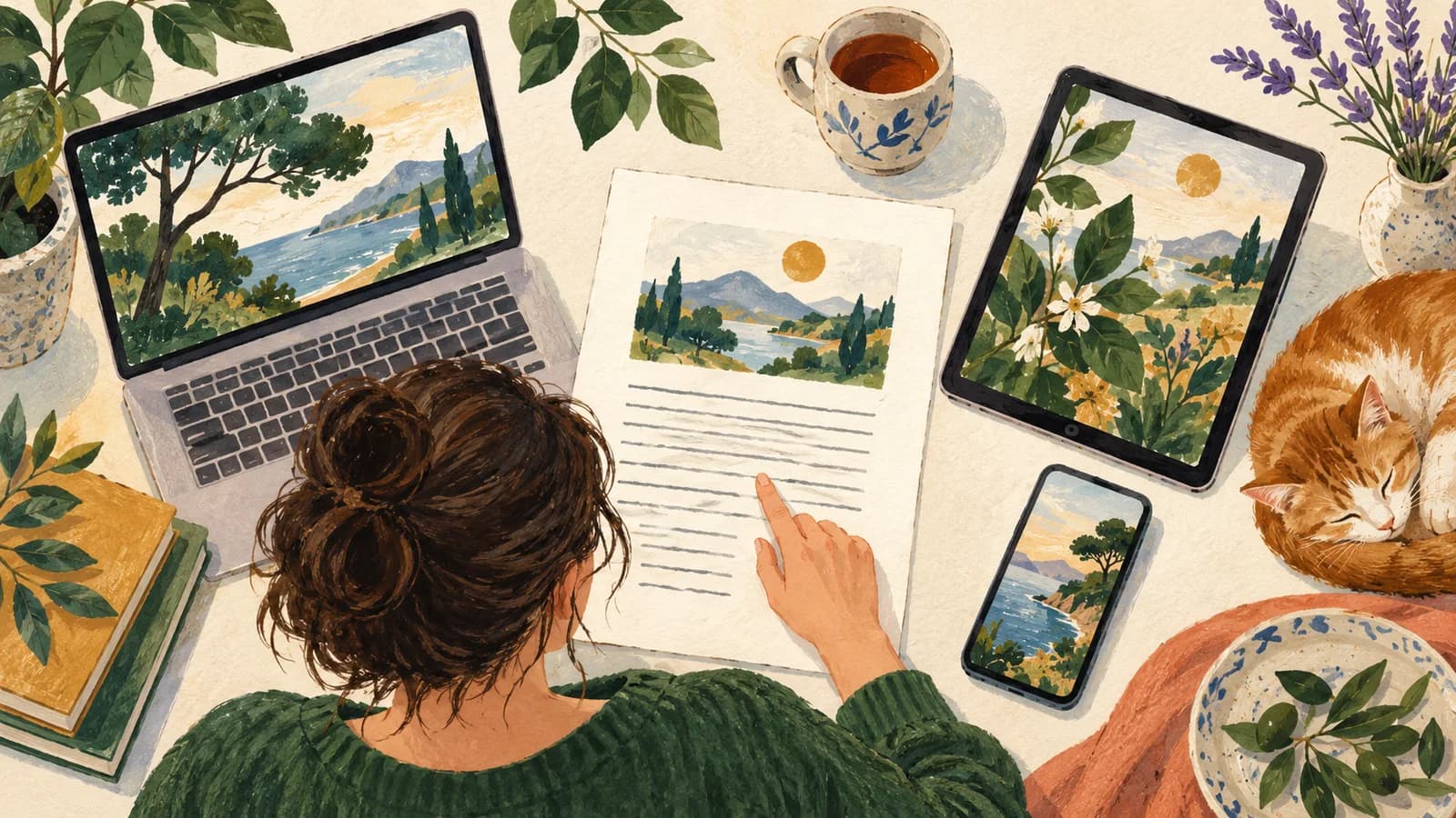A document connects to a laptop, tablet and phone