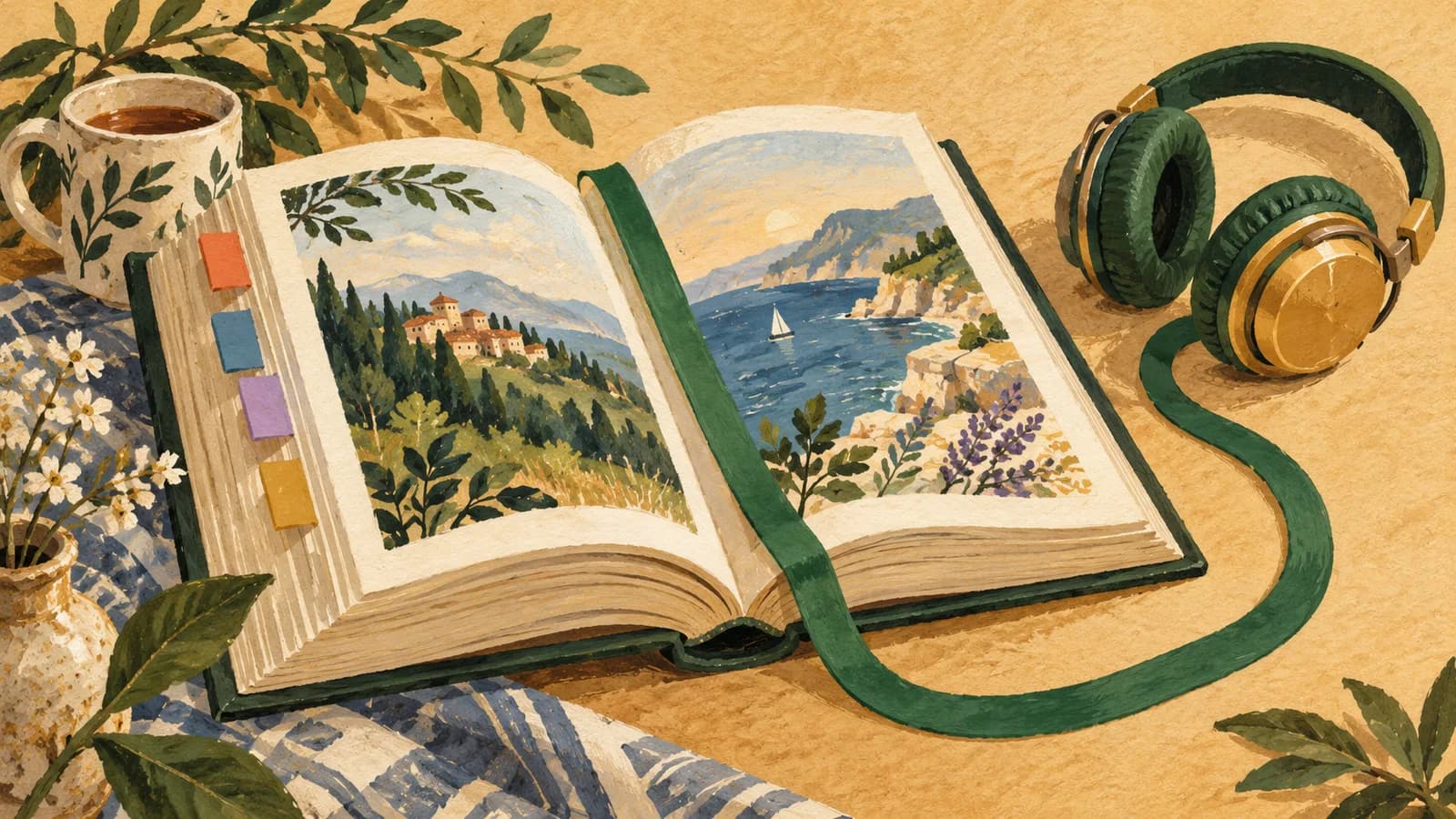 A bookmark follows the chapters of an open book